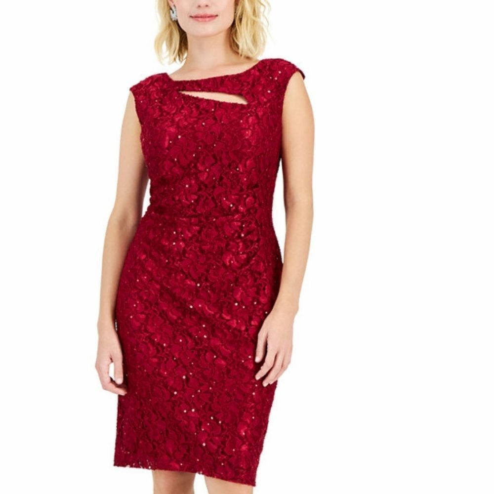 BRAND NEW CONNECTED APPAREL LACE PETITE ROUND-NECK SLEEVELESS LACE SHEATH DRESS